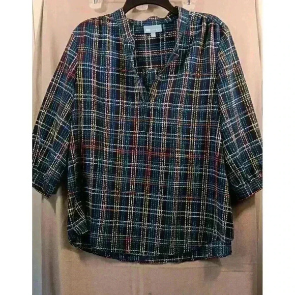 Koret Blouse Women Petite Large 3/4 Sleeve Plaid Multicolored - Picture 1 of 7